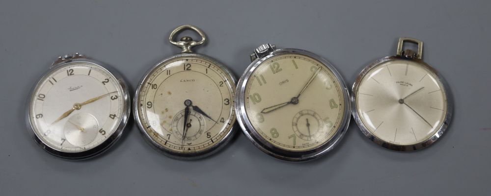 Four assorted base metal pocket watches.